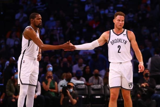 Blake Griffin and Kevin Durant the Brooklyn Nets in action against the Milwaukee Bucks at Barclays Center on October 08, 2021 in New York City. NOTE...