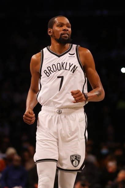 Kevin Durant of the Brooklyn Nets in action against the Milwaukee Bucks at Barclays Center on October 08, 2021 in New York City. NOTE TO USER: User...