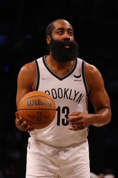 James Harden of the Brooklyn Nets in action against the Milwaukee Bucks at Barclays Center on October 08, 2021 in New York City. NOTE TO USER: User...