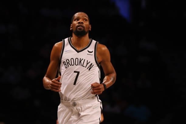 Kevin Durant of the Brooklyn Nets in action against the Milwaukee Bucks at Barclays Center on October 08, 2021 in New York City. NOTE TO USER: User...