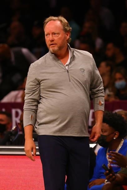 Head Coach Mike Budenholzer of the Milwaukee Bucks signals form the bench during the game against the Brooklyn Nets at Barclays Center on October 08,...