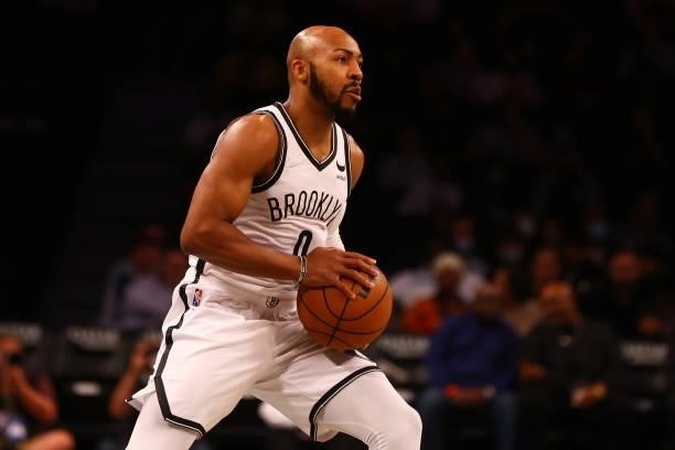 Jevon Carter of the Brooklyn Nets in action against the Milwaukee Bucks at Barclays Center on October 08, 2021 in New York City. NOTE TO USER: User...
