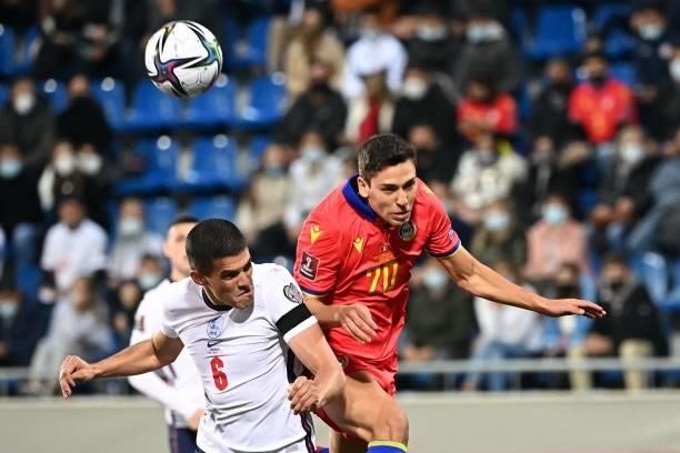 England's defender Conor Coady vies with Andorra's defender Max Llovera during the World Cup 2022 qualifier football match between Andorra and...