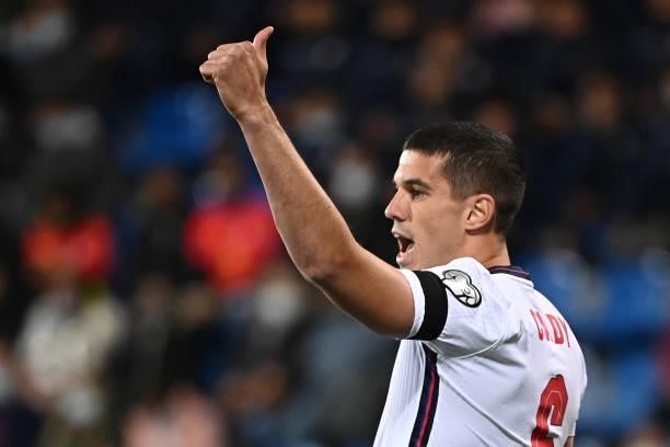 England's defender Conor Coady gestures during the World Cup 2022 qualifier football match between Andorra and England at Estadi Nacional stadium in...