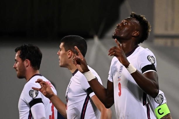 England's forward Tammy Abraham celebrates after scoring a goal during the World Cup 2022 qualifier football match between Andorra and England at...