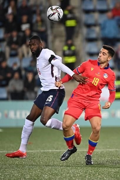 England's defender Fiyako Tomori vies with Andorra's defender Adri Rodrigues during the World Cup 2022 qualifier football match between Andorra and...