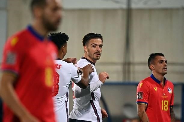 England's midfielder Jack Grealish celebrates after scoring a goalduring the World Cup 2022 qualifier football match between Andorra and England at...