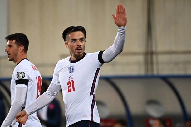 England's midfielder Jack Grealish celebrates after scoring a goal during the World Cup 2022 qualifier football match between Andorra and England at...