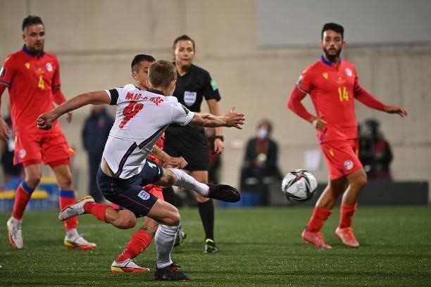 England's midfielder James Ward-Prowse scores a goal during the World Cup 2022 qualifier football match between Andorra and England at Estadi...