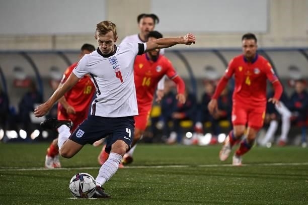 England's midfielder James Ward-Prowse kicks a penalty kick during the World Cup 2022 qualifier football match between Andorra and England at Estadi...
