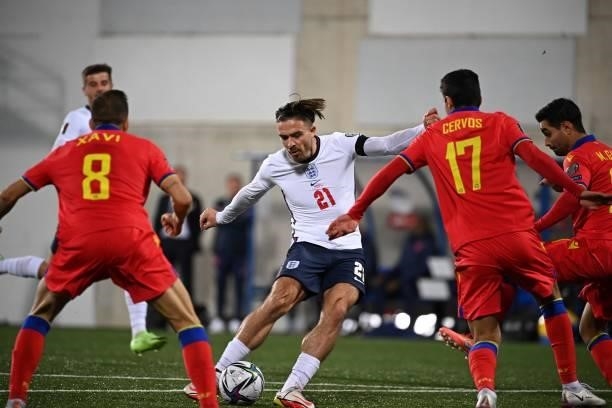 England's midfielder Jack Grealish scores a goal during the World Cup 2022 qualifier football match between Andorra and England at Estadi Nacional...