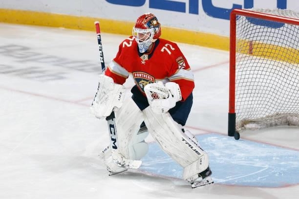Goaltender Sergei Bobrovsky of the Florida Panthers warms up prior to an NHL preseason game against the Tampa Bay Lightning at the FLA Live Arena on...