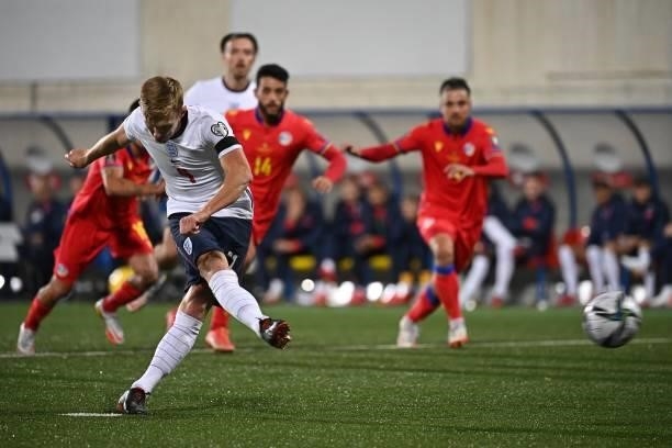 England's midfielder James Ward-Prowse kicks a penalty during the World Cup 2022 qualifier football match between Andorra and England at Estadi...