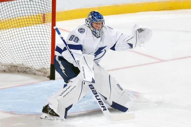 Goaltender Andrei Vasilevskiy of the Tampa Bay Lightning warms up prior to an NHL preseason game against the Florida Panthers at the FLA Live Arena...