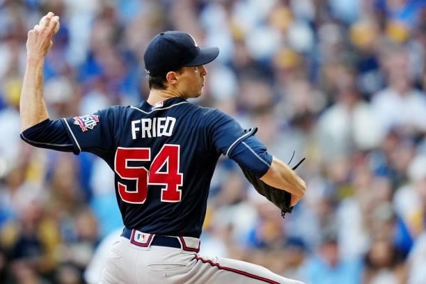 Max Fried of the Atlanta Braves pitches during Game 2 of the NLDS between the Atlanta Braves and the Milwaukee Brewers at American Family Field on...