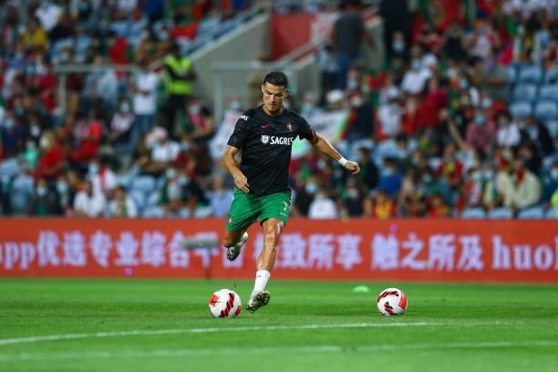 Cristiano Ronaldo of Manchester United and Portugal during warm up for the international friendly match between Portugal and Qatar at Estadio Algarve...