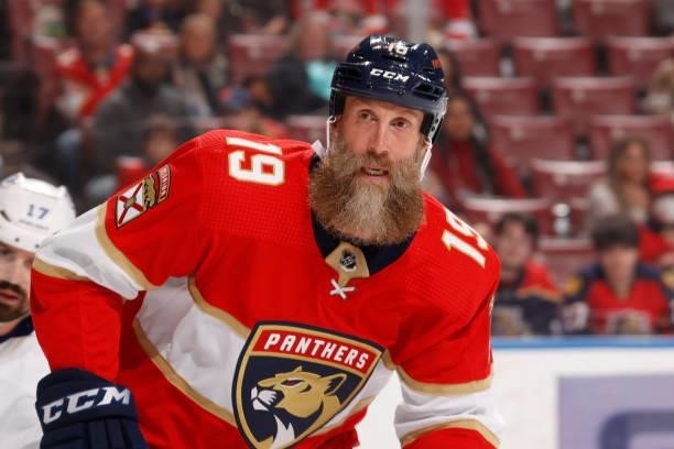 Joe Thornton of the Florida Panthers looks towards the corner during first period action against the Tampa Bay Lightning during a preseason game at...