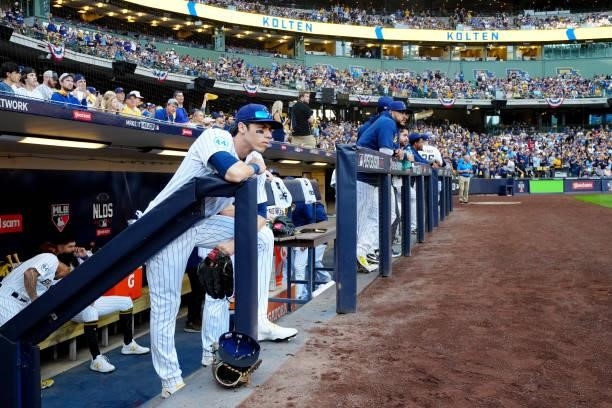 Christian Yelich of the Milwuakee Brewers gets ready to take the field Game 2 of the NLDS between the Atlanta Braves and the Milwaukee Brewers at...