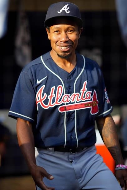 Terrance Gore of the Atlanta Braves looks on from the dugout during Game 2 of the NLDS between the Atlanta Braves and the Milwaukee Brewers at...