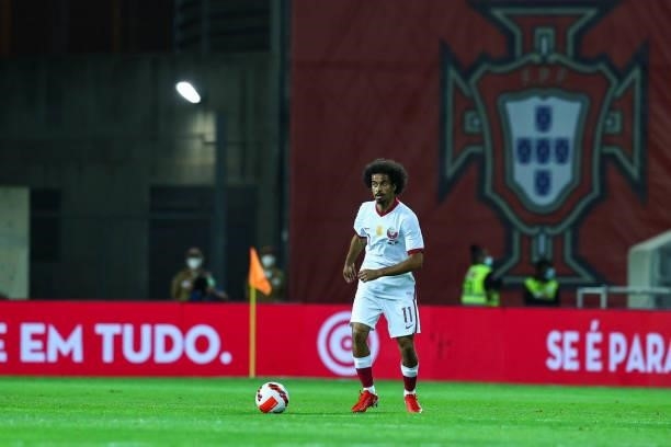 Akram Afif of Qatar during the international friendly match between Portugal and Qatar at Estadio Algarve on October 9, 2021 in Faro, Faro.