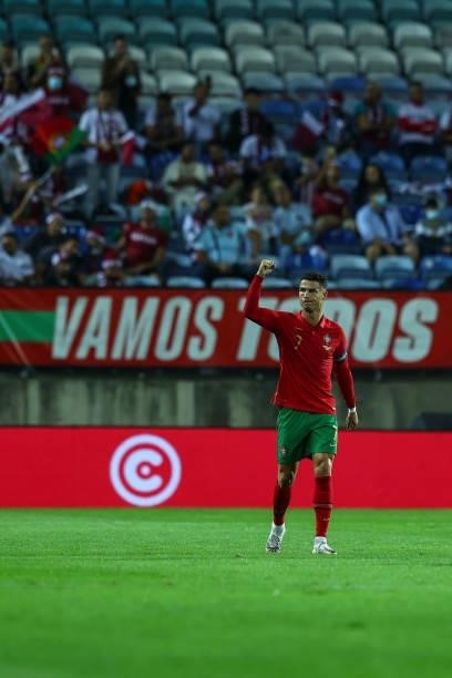Cristiano Ronaldo of Manchester United and Portugal celebrates scoring Portugal goal during the international friendly match between Portugal and...