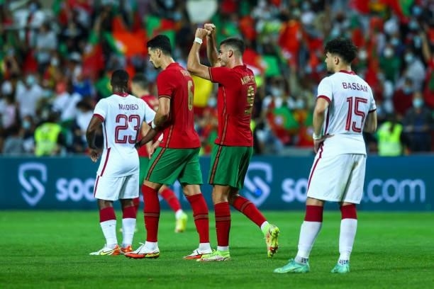 Andre Silva of RB Leipzig and Portugal celebrates scoring Portugal third goal during the international friendly match between Portugal and Qatar at...