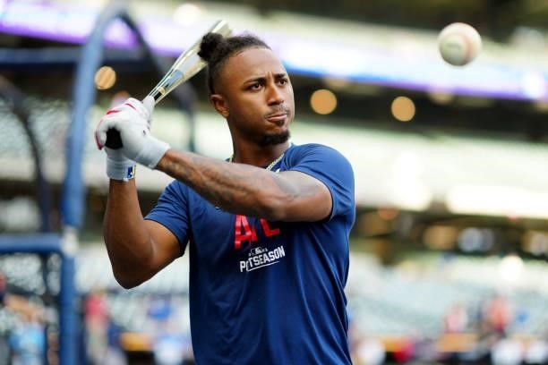 Ozzie Albies of the Atlanta Braves hits ground balls during batting practice Game 2 of the NLDS between the Atlanta Braves and the Milwaukee Brewers...