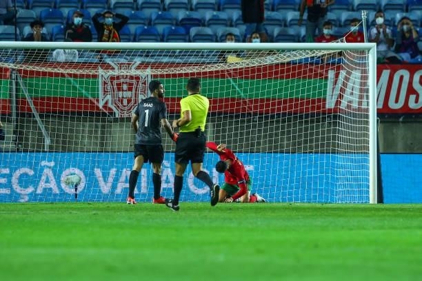 Cristiano Ronaldo of Manchester United and Portugal reacts after missing a goal during the international friendly match between Portugal and Qatar at...