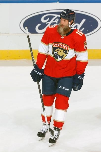 Joe Thornton of the Florida Panthers warms up prior to an NHL preseason game against the Tampa Bay Lightning at the FLA Live Arena on October 9, 2021...