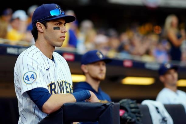 Christian Yelich of the Milwaukee Brewers looks on during Game 2 of the NLDS between the Atlanta Braves and the Milwaukee Brewers at American Family...