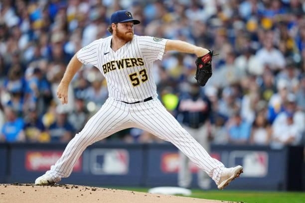 Brandon Woodruff of the Milwaukee Brewers pitches in the first inning during Game 2 of the NLDS between the Atlanta Braves and the Milwaukee Brewers...