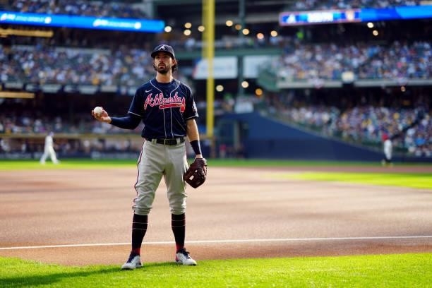 Dansby Swanson of the Atlanta Braves looks on prior to Game 2 of the NLDS between the Atlanta Braves and the Milwaukee Brewers at American Family...