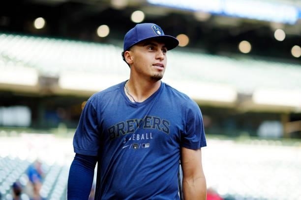 Willy Adames of the Milwaukee Brewers looks on during batting practice prior to Game 2 of the NLDS between the Atlanta Braves and the Milwaukee...