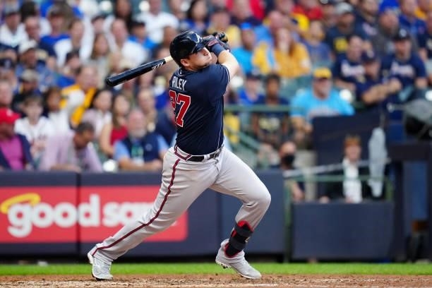 Austin Riley of the Atlanta Braves hits a solo home in the sixth inning during Game 2 of the NLDS between the Atlanta Braves and the Milwaukee...