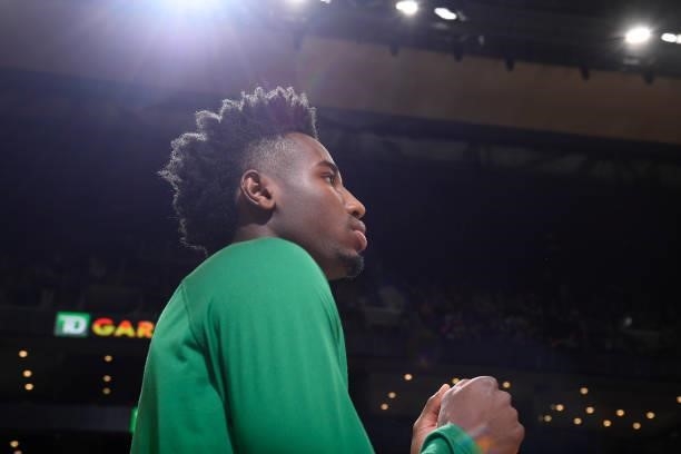 Aaron Nesmith of the Boston Celtics looks on before the preseason game against the Toronto Raptors on October 9, 2021 at the TD Garden in Boston,...