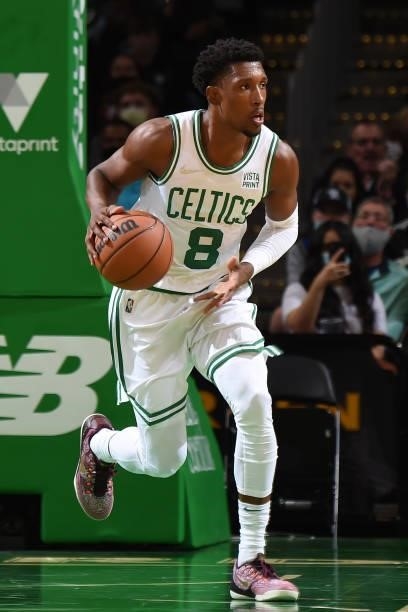 Josh Richardson of the Boston Celtics dribbles the ball down court during a preseason game against the Toronto Raptors on October 9, 2021 at the TD...