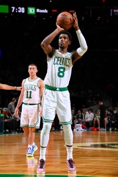 Josh Richardson of the Boston Celtics shoots a free throw during a preseason game against the Toronto Raptors on October 9, 2021 at the TD Garden in...