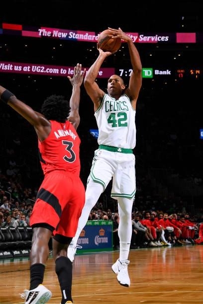 Al Horford of the Boston Celtics shoots the ball during a preseason game against the Toronto Raptors on October 9, 2021 at the TD Garden in Boston,...