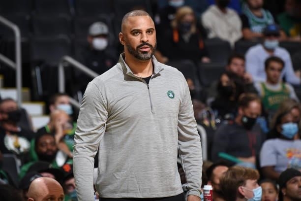 Head Coach Ime Udoka of the Boston Celtics looks on during a preseason game against the Toronto Raptors on October 9, 2021 at the TD Garden in...