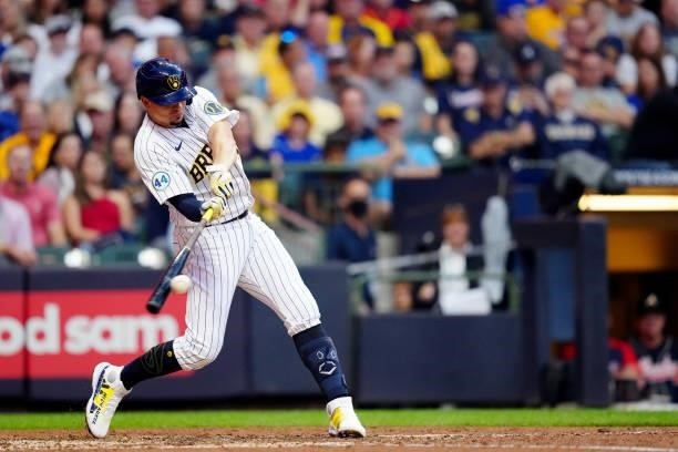 Willy Adames of the Milwaukee Brewers during Game 2 of the NLDS between the Atlanta Braves and the Milwaukee Brewers at American Family Field on...