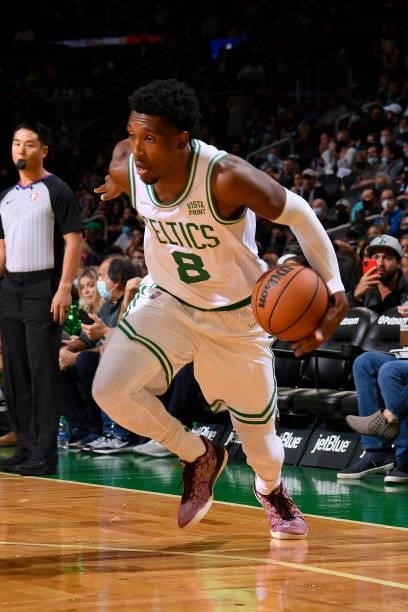 Josh Richardson of the Boston Celtics drives to the basket during a preseason game against the Toronto Raptors on October 9, 2021 at the TD Garden in...