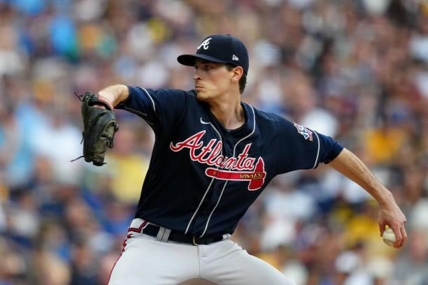 Max Fried of the Atlanta Braves pitches during Game 2 of the NLDS between the Atlanta Braves and the Milwaukee Brewers at American Family Field on...