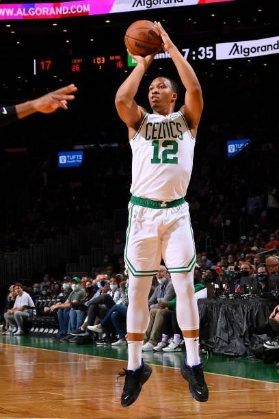 Grant Williams of the Boston Celtics shoots the ball during a preseason game against the Toronto Raptors on October 9, 2021 at the TD Garden in...