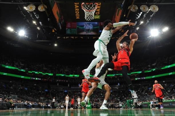 Goran Dragic of the Toronto Raptors shoots the ball during a preseason game against the Boston Celtics on October 9, 2021 at the TD Garden in Boston,...