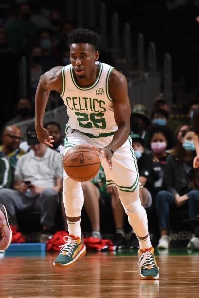 Aaron Nesmith of the Boston Celtics dribbles the ball during a preseason game against the Toronto Raptors on October 9, 2021 at the TD Garden in...