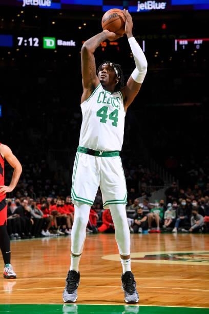 Robert Williams III of the Boston Celtics shoots a free throw during a preseason game against the Toronto Raptors on October 9, 2021 at the TD Garden...