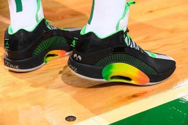 The sneakers worn by Jayson Tatum of the Boston Celtics during a preseason game against the Toronto Raptors on October 9, 2021 at the TD Garden in...