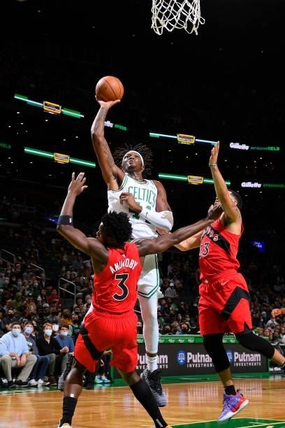 Robert Williams III of the Boston Celtics shoots the ball during a preseason game against the Toronto Raptors on October 9, 2021 at the TD Garden in...