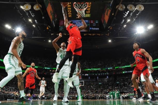 Precious Achiuwa of the Toronto Raptors shoots the ball during a preseason game against the Boston Celtics on October 9, 2021 at the TD Garden in...