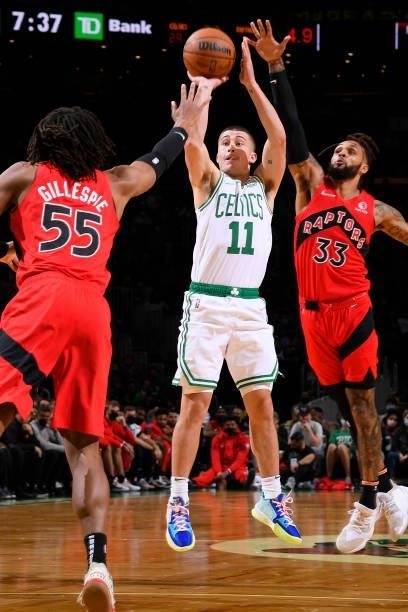 Payton Pritchard of the Boston Celtics shoots the ball during a preseason game against the Toronto Raptors on October 9, 2021 at the TD Garden in...